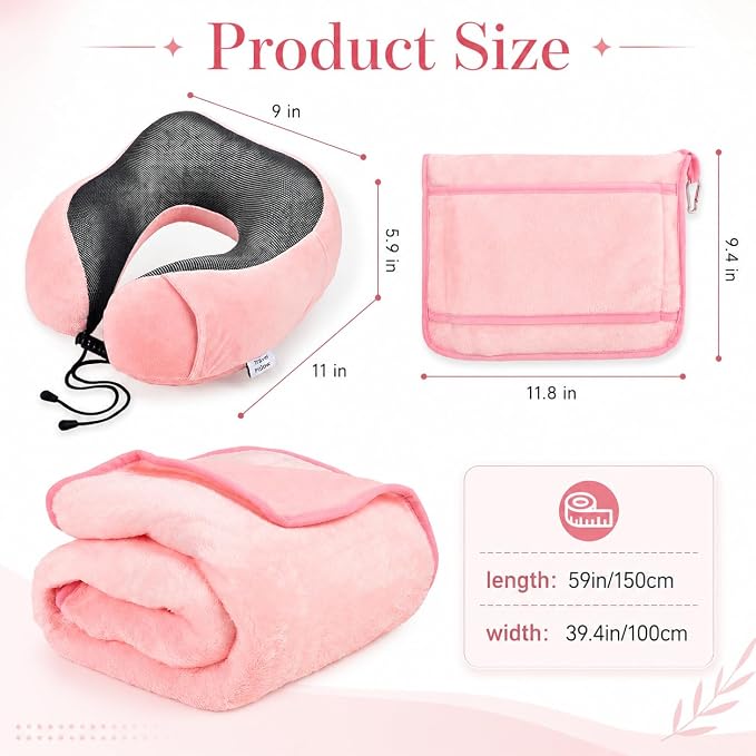 Travel Blanket and Pillow Set - Neck Pillow Airplane Essentials, Pink | Memory Foam, Sleep Mask, Earplugs with Bag, Fleece Soft Comfort for Long Plane Flight Traveling Car Road Trip Flying - Image 2