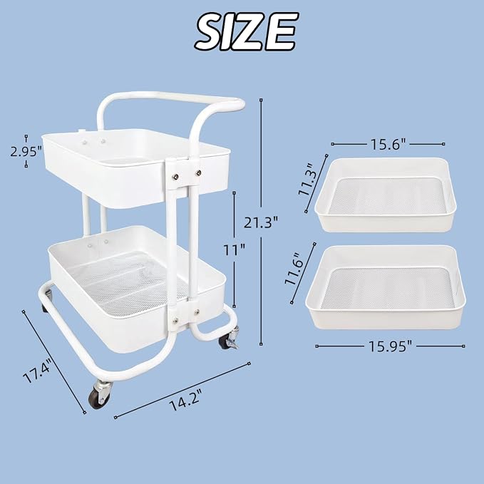 2 Tier Cart with Wheels Under Desk Storage with Handle, Metal Rolling Pantry Cart for Kitchen White Small Rolling Basket for Laundry Room Bathroom, Utility Shelf Organizer for Small Space - Image 4