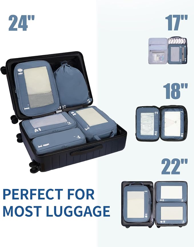 ECOHUB 5 Set Compression Packing Cubes for Suitcases Organiser Bags Set Travel Essentials with Shoe Bag for Traveling Tear-resistant Travel Accessories with ID Tag Expandable Packing Bags(All Blue) - Image 7