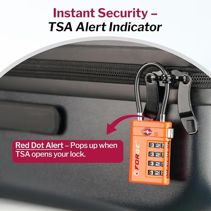 Forge TSA Approved Cable Luggage Locks with TSA008, 4-Digit Combination & Open Alert Indicator, Zinc Alloy Body, 2 Orange Travel Locks with 2 TSID Smart Lost & Found Tags for Luggage & Suitcase - Image 3