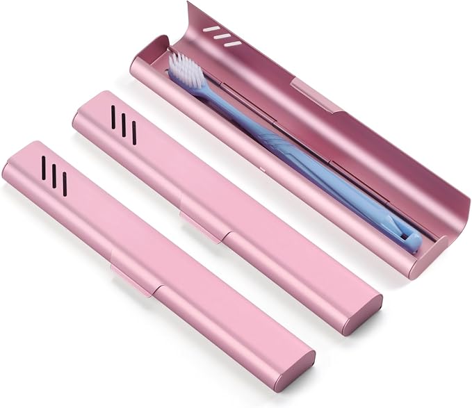 Travel Toothbrush Case, 2Pack Portable Toothbrush Holders, Durable Aluminum Toothbrush Storage Box, Small Breathable Manual Toothbrush Container for Traveling, Camping, Business Trip - Pink by EVERYPURCHASEISFORASIMPLELIFE