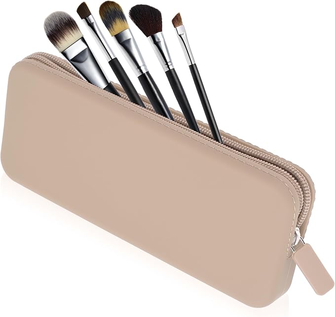 Travel Makeup Brush Holder, Silicone Makeup Brush Bag with Zipper Closure, Makeup Brushes Organizer Case Washable Makeup Pouch Holder Case for Daily, Work, Essentials（Khaki） by Sakolla