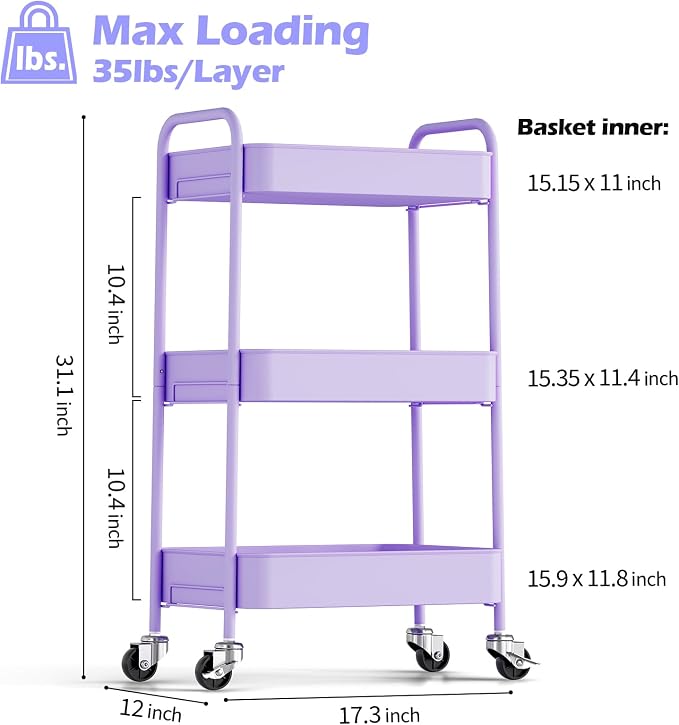 TOOLF 3 Tier Metal Rolling Cart, Utility Storage Cart with Wheels, Purple | Screwless Assembly, Lockable Metal Wheels, Trolley Organizer for Bathroom, Kitchen, Office, Dorm, Laundry, Craft Room - Image 2