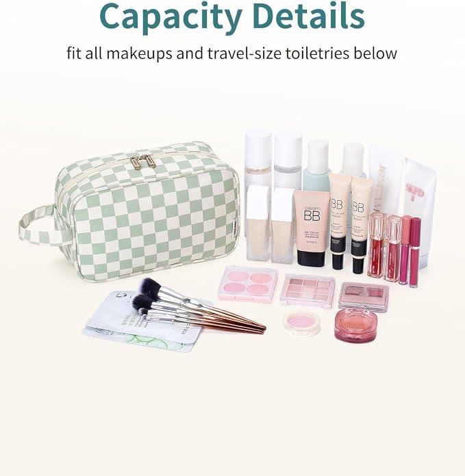 Narwey Travel Toiletry Bag for Women Traveling Dopp Kit Travel Bag for Toiletries Cosmetic Bag Makeup Bag Medicine Bag for Traveling (Mint Green Checkerboard) - Image 3