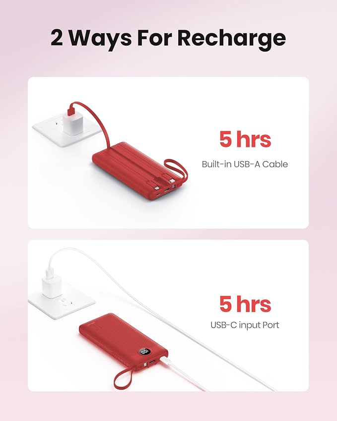Portable Charger Power Bank, External Battery Pack with Cords Wires, Light 10000mAh Travel Essentials Battery Bank 5 Outputs 2 Inputs LED Display Compatible with iPhone/Android &More(Magenta) - Image 6
