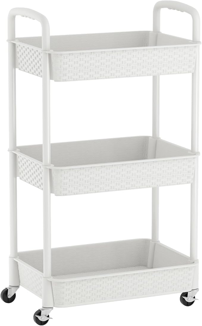 MOYIPIN 3-Tier Plastic Rolling Utility Cart with Handle,Utility Storage Cart for Office, Living Room, Kitchen,Movable Storage Organizer Shelves,White | Utility Storage Cart for Office, Living Room, Kitchen,Movable Storage Organizer，Easy installation，Ra... - Image 2