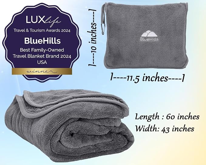 BlueHills Premium Soft Travel Blanket Pillow Value Pack Set of 2 - Airplane Flight Blanket Throw in Soft Bag with Luggage Belt Compact Pack Large Blanket for Travel Gray and Beige Color - Image 4