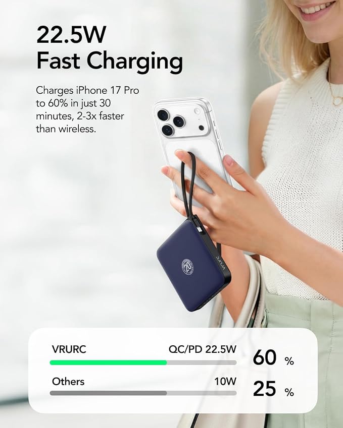 VRURC 10000mAh Portable Charger for iPhone with Built-in Cables | 22.5W Fast Charging Power Bank, LED Display, Compact Battery Pack for iPhone 17/16/15 Series, Samsung Galaxy Devices(Navy) - Image 3