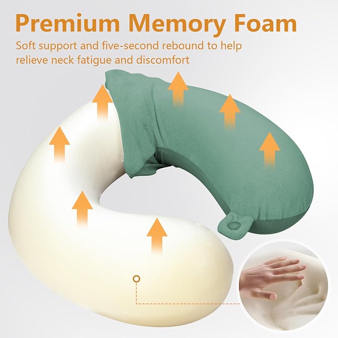 Travel Pillow, Memory Foam Neck Pillow for Traveling, U Shape Airplane Portable Flight Pillow Adult Travel Neck Pillow for Plane Train Car Home Office (Green) - Image 3
