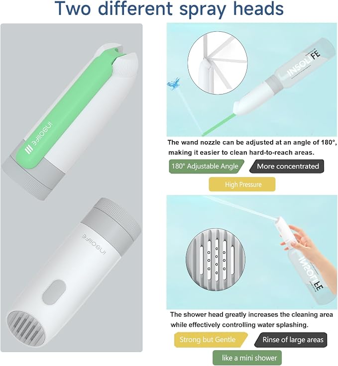 Portable Bidet | High Pressure | Travel Bidets with 2 Different Nozzle | Rechargeable Electric Portable Bidet for Men & Women | Portable Bidets for Travel (‌Military Green) - Image 2