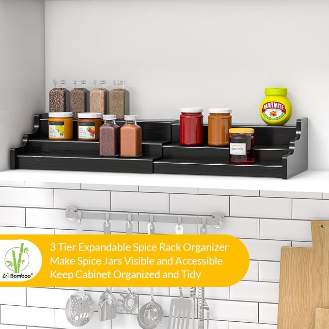 Spice Rack Organizer For Cabinet - 3 Tier Black Bamboo Wooden Expandable Display Shelf from 12.70 to 22.20 inch - Image 2