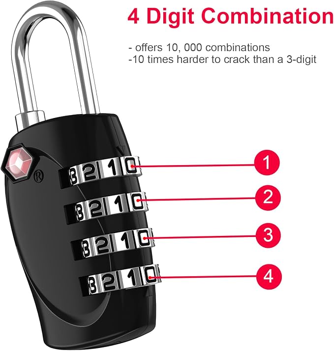 ZHEGE Suitcase Lock TSA Approved, 4 Digit Combination Luggage Lock (Black) | Resettable, for Backpack, Briefcase, Tent, Small Gym Locker Padlock - Image 4