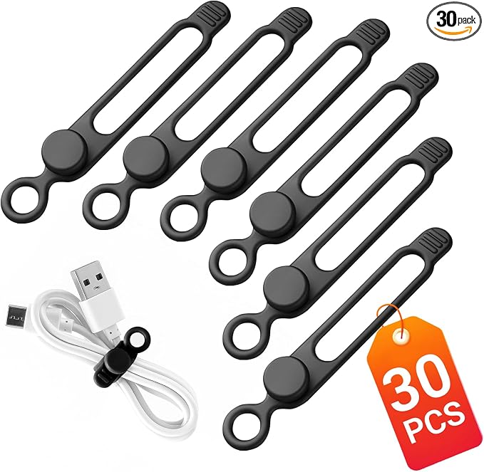 30 Pcs Silicone Cable Ties, Reusable Data Cable Organizer for Home Office | High Elastic, Multipurpose, Cable Management for Charging Cord, Electronics, Computer, Appliances, Travel Essentials by AWROSE