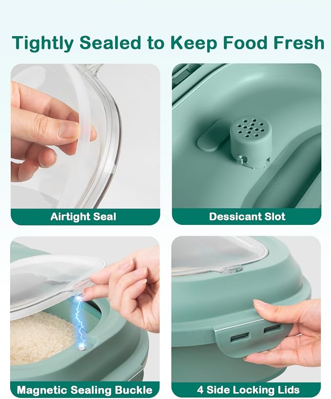 20-50 Lbs Food Storage Containers,Collapsible Rice Container with Wheel Airtight Locking Lid,Flour Storage Container with Small Food Jar and Scoop,Suitable for Food,Rice,Pet Food,Flour - Image 3