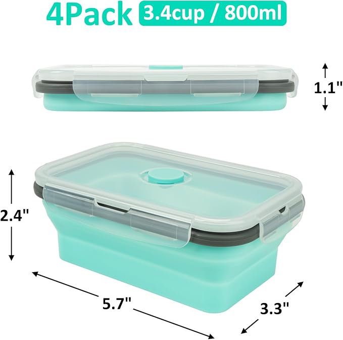 Collapsible Silicone Food Storage Containers Set with Lid & Air Vent,Foldable Lunch Containers(4PCS,Light Turquoise,27oz) - Image 3