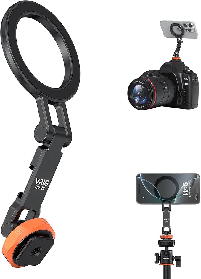 VRIG MG-28 Magnetic Phone Tripod Mount for magsafe, 1/4" Thread & Cold Shoe Camera Phone Mount Adapter Compatible with iPhone 17 16 15 14 13 12 Series, for Cameras/Tripods by VRIG