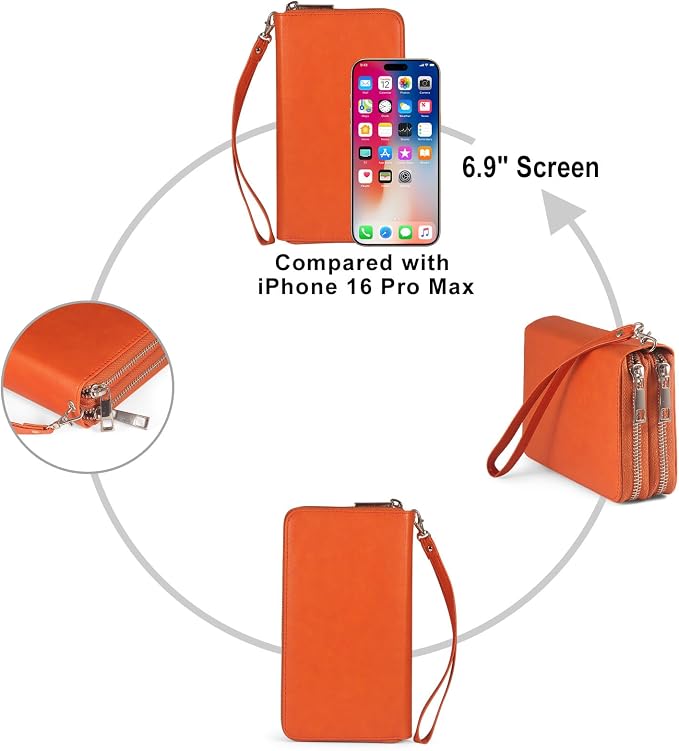 RFID Blocking Cellphone Wallet for Women Dual Zipper Wristlet Large Capacity 17 Card Slots Ladies Travel Clutch Purse with Removable Strap, Orange - Image 7