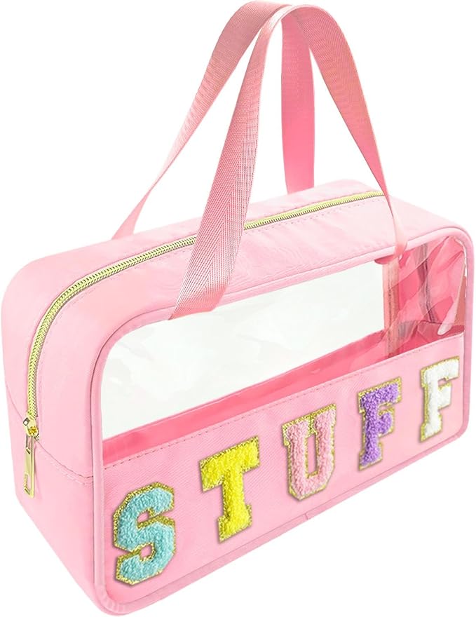 Chenille Letter Clear Makeup Bag Stuff Patch, Travel Toiletry Makeup Bag with Handle, Nylon Waterproof Makeup Bags clear cosmetic bag, preppy patch makeup bag for Women (STUFF-Pink) by Bunliuys