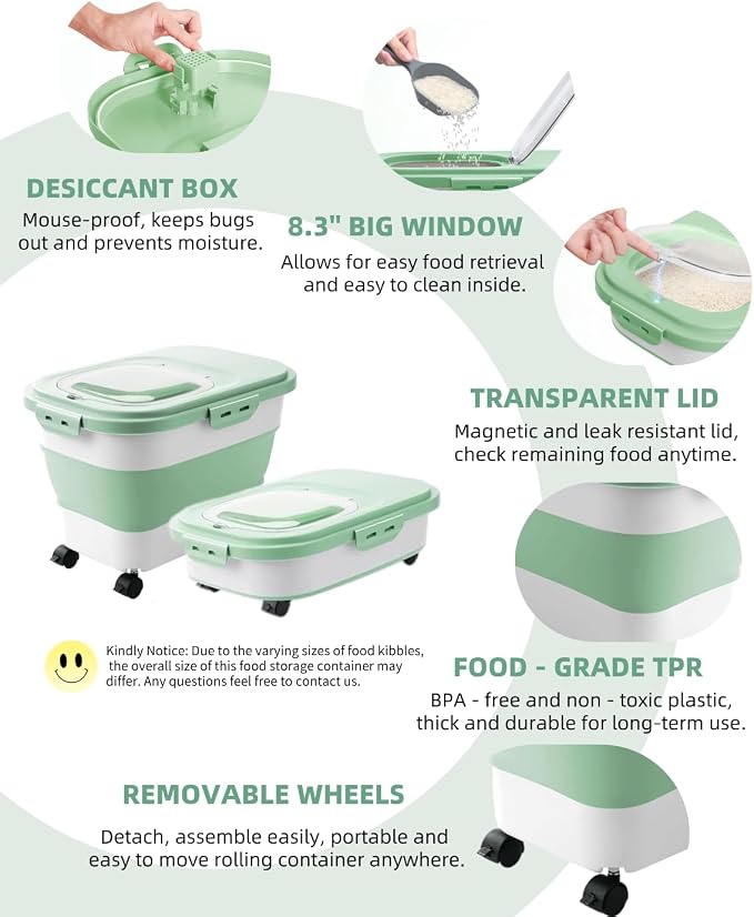 20-30 Lbs Rice Storage Container,Collapsible Food Storage Container | Flour Storage Container with Wheels Airtight Locking Lid,Cat Food Container Double Seal,Keep Fresh for Pet Food,Rice,Flour - Image 7