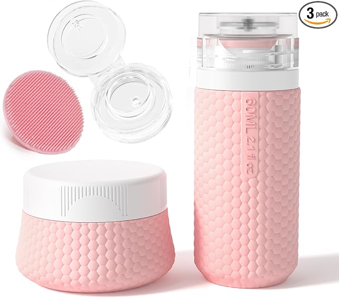 2 oz Travel Bottle Silicone Small Liquid Travel Containers 2 Pack Leak Proof TSA Approved Bottles On The Go Size Traveling Kit for Toiletries Shampoo Body Wash Skincare Lotion Women - Leather Pink by Mabnuby