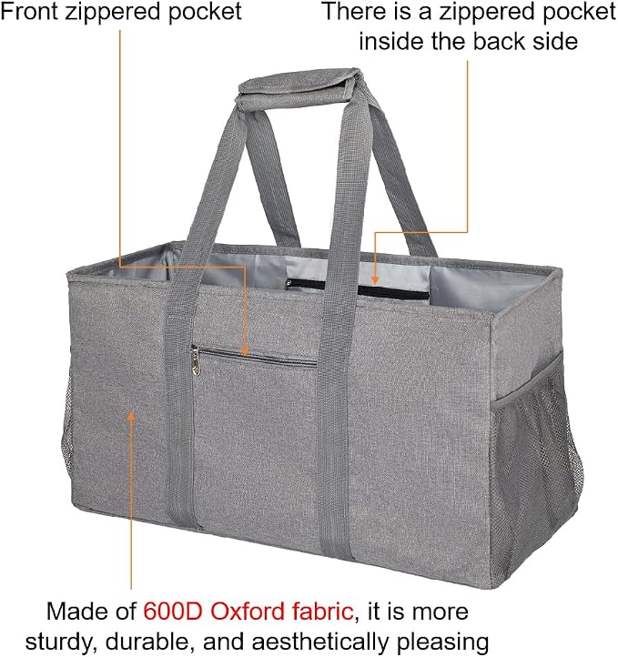 Extra Large Utility Tote Bag - Reusable Grocery Bags Foldable Heavy Duty | Large Shopping Tote 4 Pockets & Reinforced Handles, Water-Resistant Collapsible Tote for Beach, Picnic, Car Storage - Image 4