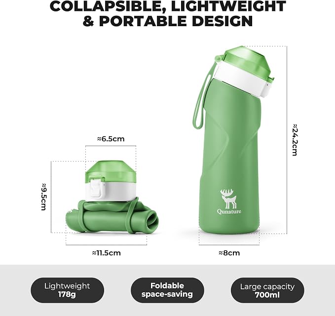 Quanture Collapsible Water Bottle 24oz (700mL), Foldable Silicone Travel Water Bottle, Leakproof & BPA-Free, with Wide Mouth & Carry Strap for Hiking, Camping, Outdoor, Green - Image 2