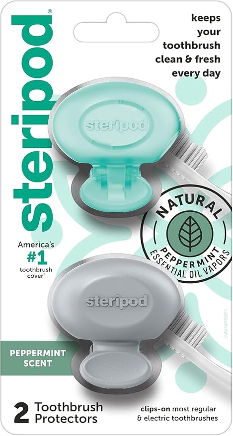 Steripod Clip-On Toothbrush Protector with Peppermint Essential Oils, Keeps Toothbrush Fresh and Clean, Travel Accessories, Fits Most Manual and Electric Toothbrushes, 2 Count by Steripod