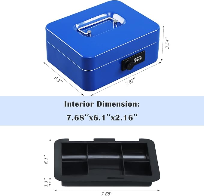 xydled Steel Cash Box Safe with Combination Lock,Money Safe Box with Removable Coin Tray,Medium,7.87"x 6.30"x 3.54",Blue - Image 6