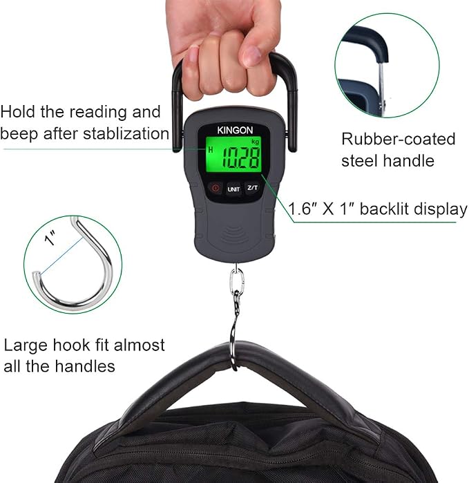 Digital Hanging Luggage Scale with Comfortable Handle and Large Hook, 110lb/50kg, Backlit Portable Scale for Travel Fishing with Tare/Hold Function, AAA Batteries Included, Grey - Image 2