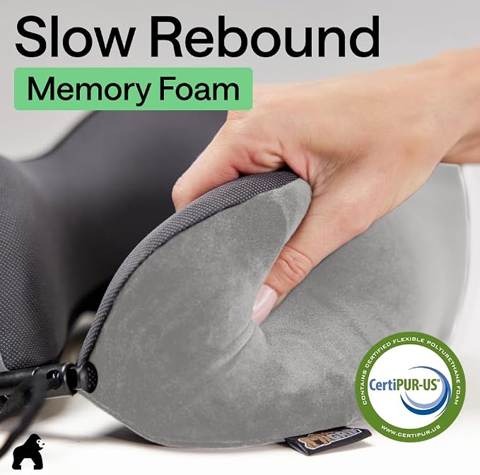 GORILLA GRIP Adjustable Travel Neck Pillow for Airplanes, CertiPUR-US® Memory Foam, Soft Velvet and Cooling Mesh Pillows, Support Headrest for Sleeping, Traveling Essentials, Flight Accessories, Gray - Image 6