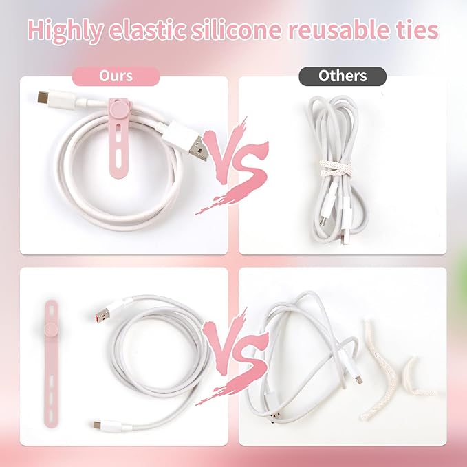 Oligei 25 Pcs Silicone Cable Ties, Cable Ties Reusable, High Elasticity Cord Wraps for Electrical Cords, Cord Organizer for Earphone, Phone Charger(Pink) - Image 4