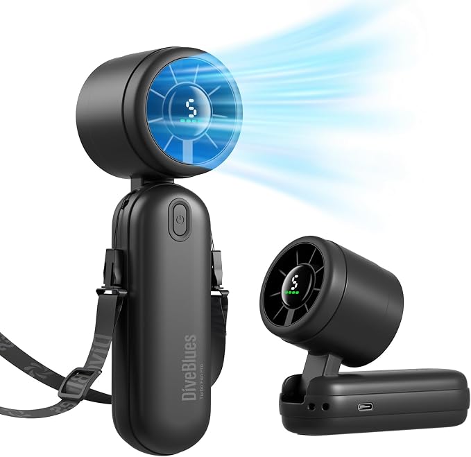 Diveblues Mini Portable Handheld Turbo Fan 27ft/s, 4000mAh Battery | Quiet Motor, 12H Max Cooling, 5 Speeds, LED Display, 3-in-1 Handheld/Neck/Desk Fan for Travel, Cruise & Disney Essentials by Diveblues