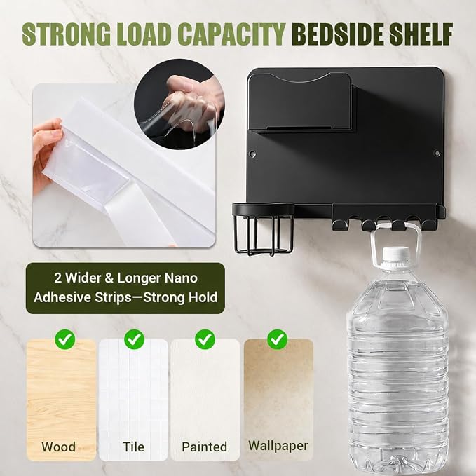 Floating Bedside Wall Shelf, Metal Wall Organizer with Detachable Cup Holde | No Drill Floating Wall Mounted Storage for Bedroom, Dorm, Loft Bed, Bunk Bed & Small Space Organization - Image 3