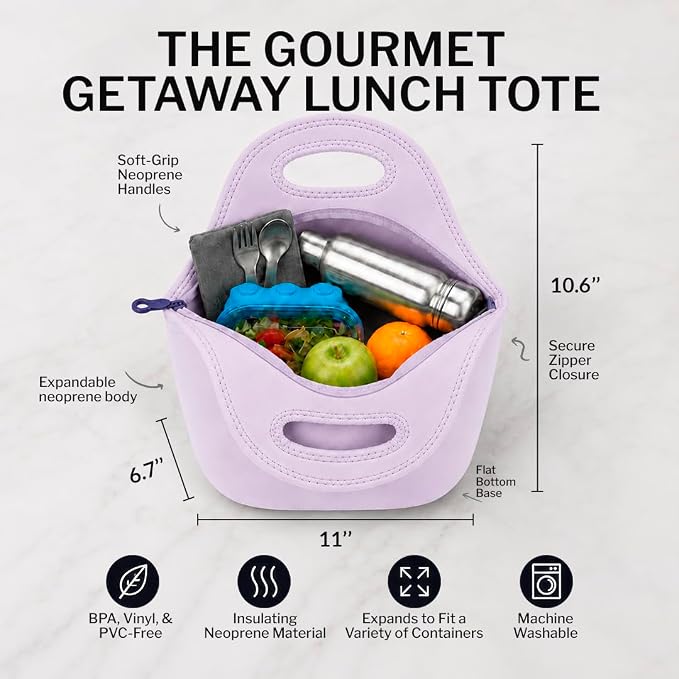 Built Gourmet Getaway Neoprene Lunch Bag, Large Capacity - Lavender | Insulated Neoprene Tote with Zipper & Handles, Reusable Lunch Bag for Work, School, Travel & Picnics, Machine Washable - Image 2