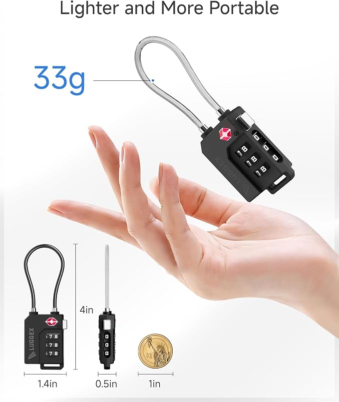 LUGGEX 2 Pack TSA Locks for Luggage, Luggage Locks TSA Approved | Suitcase Locks in Gift Box, Ultra-Light 33g Combination Cable Locks, Easy-Read Dials for Suitcase Backpack Gym, Silver - Image 3