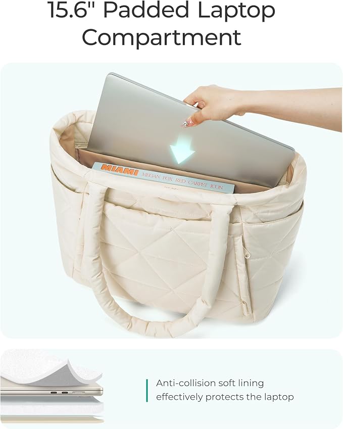 BAGSMART Tote Bag for Women, Puffer Tote Bag with Zipper, Large Quilted Shoulder Bag with Compartments for Travel, Work, Gym - Image 5