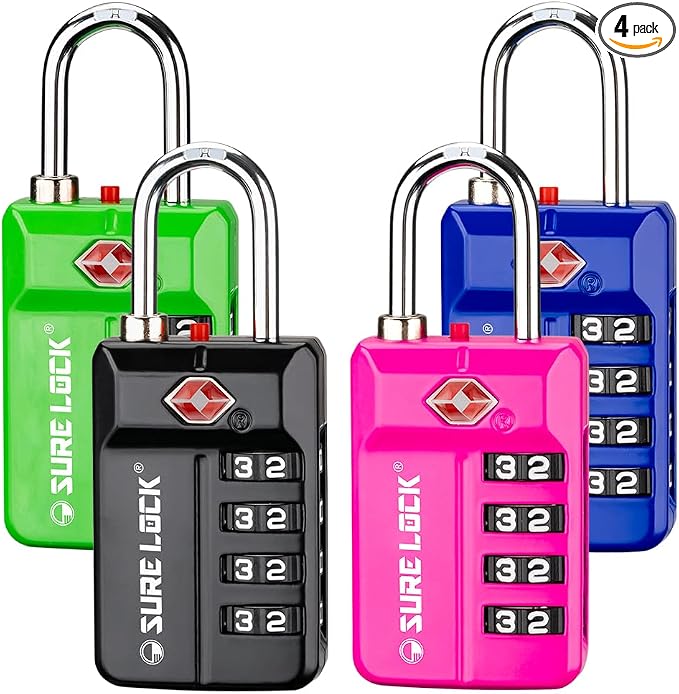 SURE LOCK TSA Approved 4-Digit Resettable Combination Luggage Locks with Open Alert, Easy-Read Dials - for Luggage, School Lockers, Gym, Office, Toolbox & Security Cases(4 Assorted Colors) by Hopeyoucanstaysafe