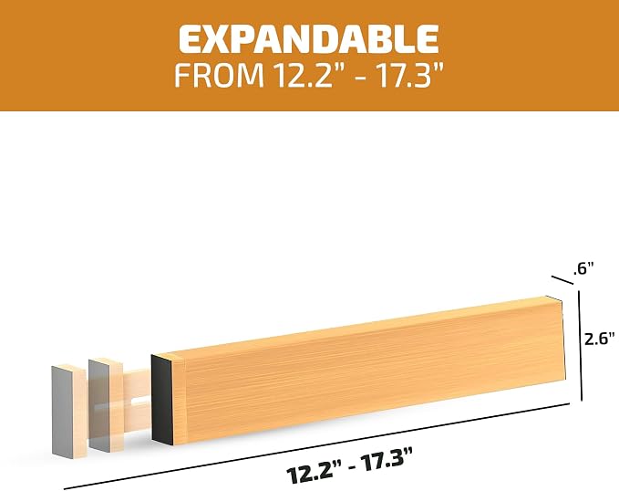 4-Pack Bamboo Drawer Dividers - 2.6 Inches High, Adjustable 12 to 17 Inches Expandable Drawer Organizer Dresser Separator for Clothes, Utensils, Bedroom, Bathroom, Kitchen, Office Storage Organization - Image 2