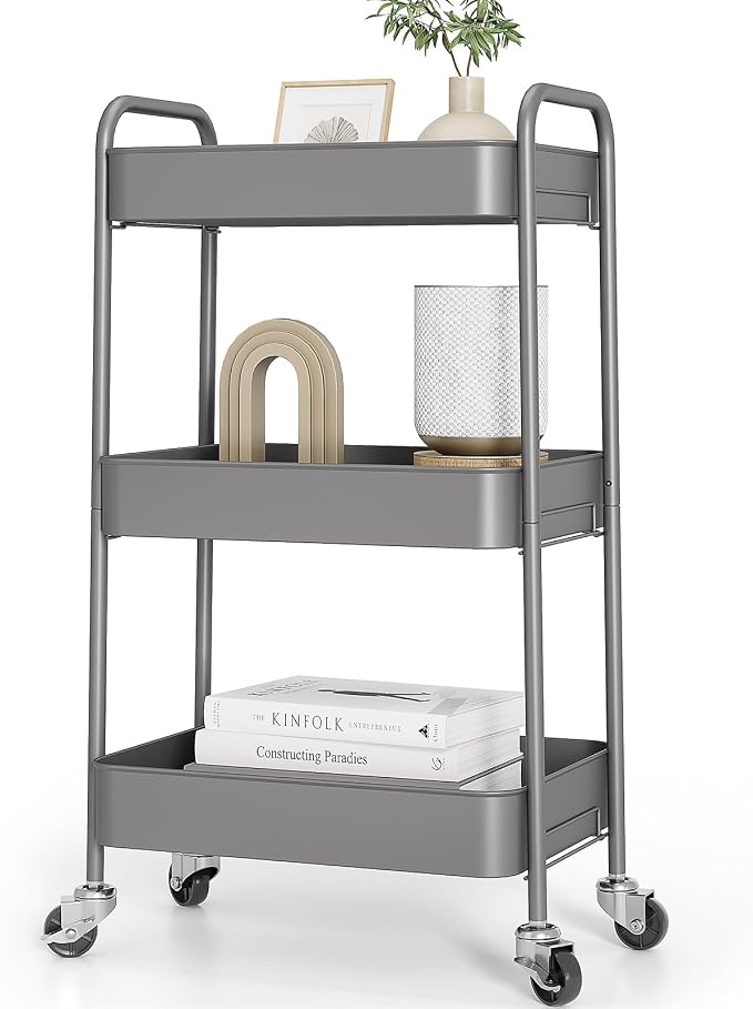 TOOLF 3 Tier Metal Rolling Cart, Utility Storage Cart with Wheels, Grey | Screwless Assembly, Lockable Metal Wheels, Trolley Organizer for Bathroom, Kitchen, Office, Dorm, Laundry, Craft Room by TOOLF