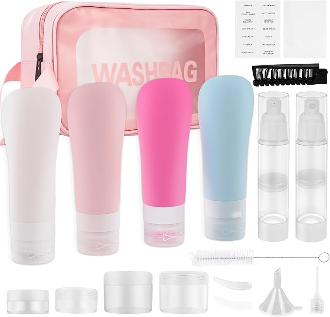 19 Pack Leak Proof Silicone Travel Bottles For Toiletries, TSA Approved Shampoo and Conditioner Containers with Tags Comb Airless Pump Jar and Wash Bag by Helandou