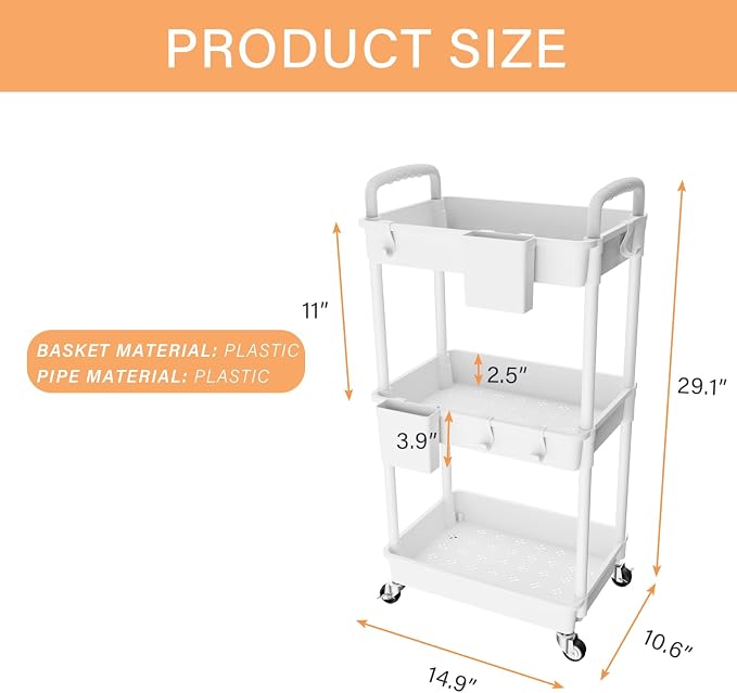 3 Tier Rolling Utility Cart with Handle,REBECAT Utility Cart Made of Multifunctional Storage Organizer Tool for Kitchen,Bathroom,Living Room,Office(White) - Image 5