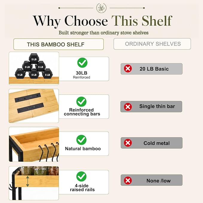 Spice Rack Shelf for Kitchen Stove, Bamboo Over the Stove Shelf with 4 Level Adjustable Height, 33 Inch Stove Top Spice Rack Organizer with 4 Hooks, Reinforced 30 lb Capacity, Non-Slip Pads, Black - Image 9