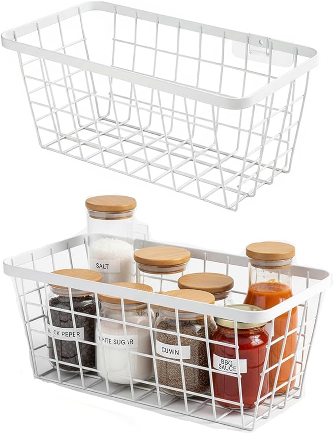 2 Set LeleCAT Hanging Wall Basket Organizer, Over the Cabinet Door Adhesive Wire Baskets for Organizing Kitchen Food Pantry Bathroom Shelf Storage No Drilling Wall Mounted,White by HomeSpaceStorageBasket