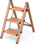 3 Step Ladder, Folding Step Stool with Anti-Slip Wide Pedal | Lightweight, Aluminum Material, 330LBS Load, Portable, Easy Storage, Space Saving, for Kitchen, Bedroom Use, Woodgrain by GameGem