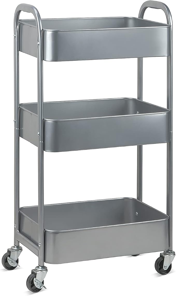 MAX Houser 3-Tier Rolling Utility Cart with Caster Wheels, Silvery-Grey | Easy Assembly, multi-purpose storage trolley for kitchen, rolling cart with smooth caster wheels for bathroom by MAXHouser