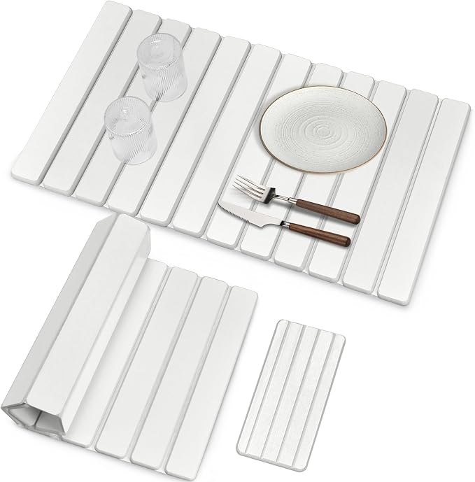 Large Stone Dish Drying Mats for Kitchen Counter, Fast Drying Collapsible Dish Drying Mat, Eco-Friendly Absorbent Diatomaceous Earth Mats for Dishes Cups, Match Any Countertop (White 28"×16" & 8"x4") by tdcokhe