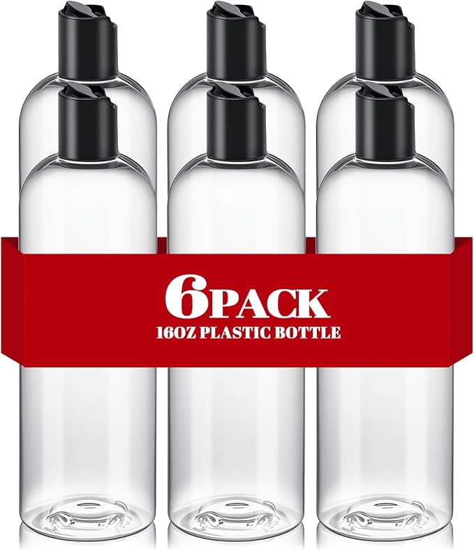6Pcs 16 oz Clear Plastic Refillable Travel Bottles with Black Disc Top Caps | Squeeze Empty Shampoo Bottles, For Shampoo and Conditioner, For Lotions, Body Soap Cream, Cosmetic Containers by DPLASKA