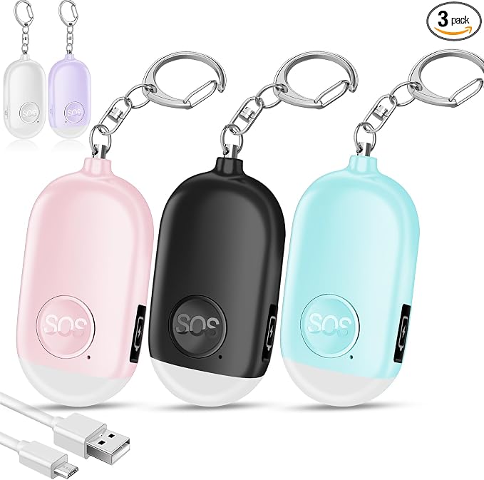 Hion Personal Safety Alarm for Women, 3 Pack Rechargeable 130dB Self Defense Alarm Keychain with LED Flashlight, Emergency Safe Sound Security for Children Elderly, Black+Pink+Blue by Hion