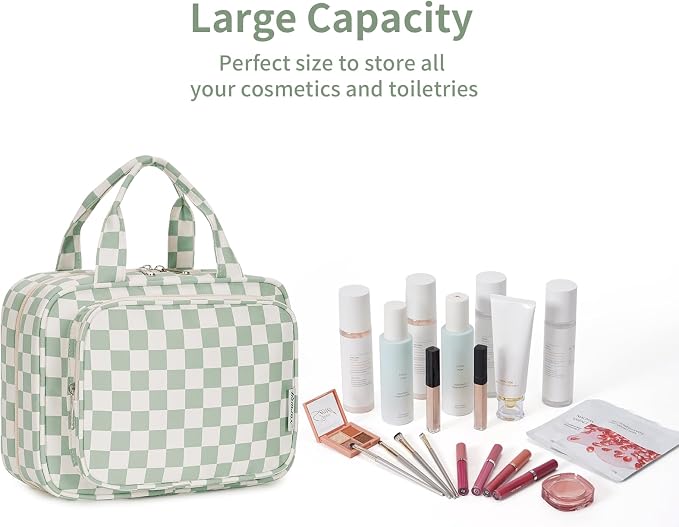 Narwey Hanging Toiletry Bag for Women Travel Checkered Makeup Bag Organizer Toiletries Bag for Travel Size Essentials, Accessories, Brushes, Cosmetics (Green Checkerboard (Medium)) - Image 8