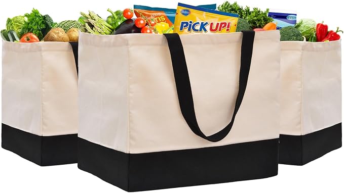 Extra Large Canvas Tote Bag with Pockets, Reusable Grocery Bags Heavy Duty | 14.6 x 10.2 x 13 in Holds 60 lbs Washable Eco-friendly Tote Bags for Shopping/Picnics/Beach/Laundry, Off White+Black 3 Pack - Image 4